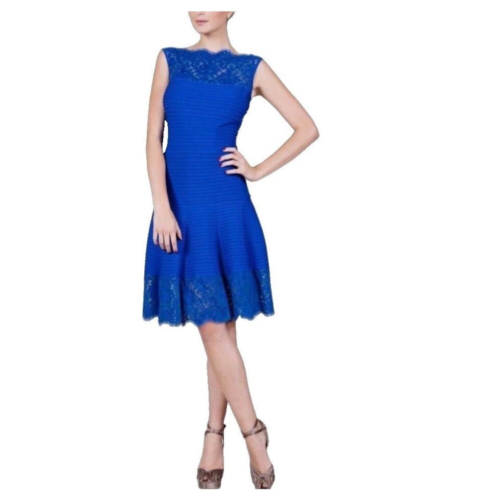 Tadashi Shoji Illusion Lace Pintuck Jersey Blue Cocktail Dress Women's S